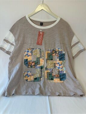 SHEIN Taupe Short Sleeve Patchwork '98 Graphic Tee with White Trim